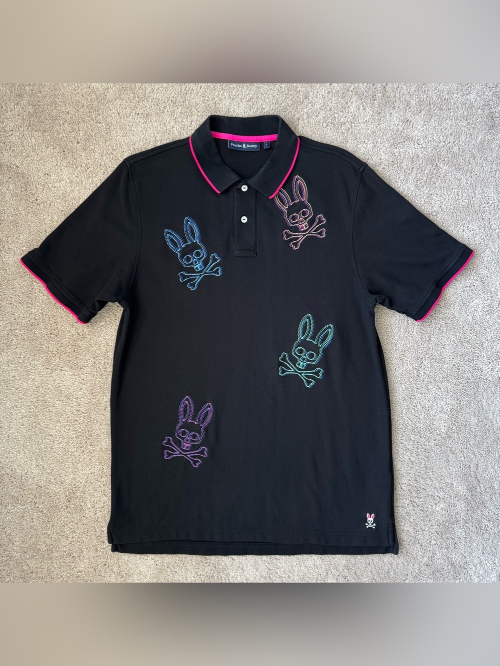 Psycho Bunny All Over Bunny 3D Neon Logo Polo Black Men Size 7 XL